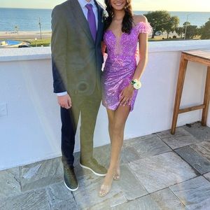 Homecoming dress purple sequence and feathers